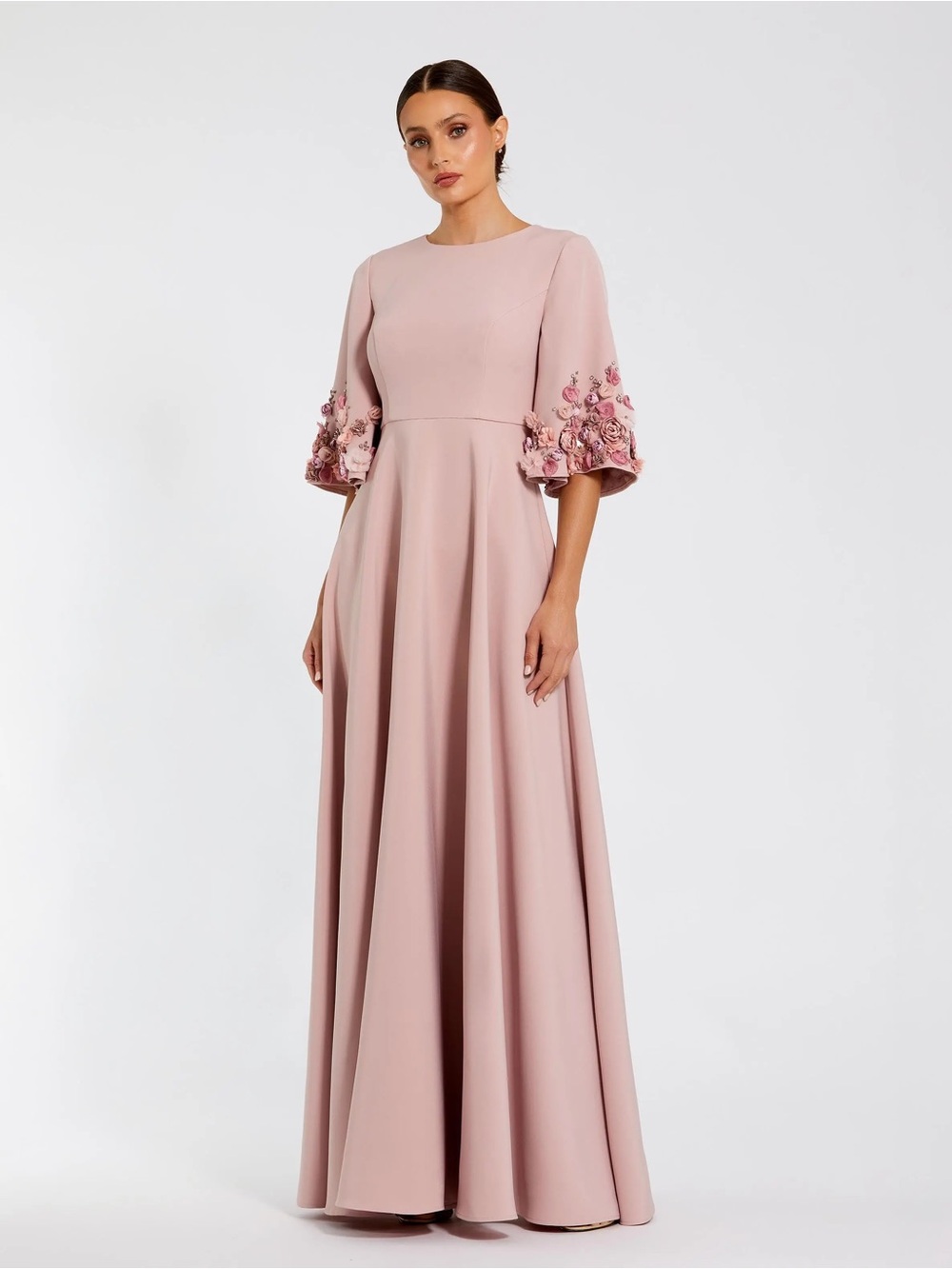 Mac Duggal 11854 Pink Crepe 3/4 Sleeve A-line Gown With Flower Trim sz 6 NWOT